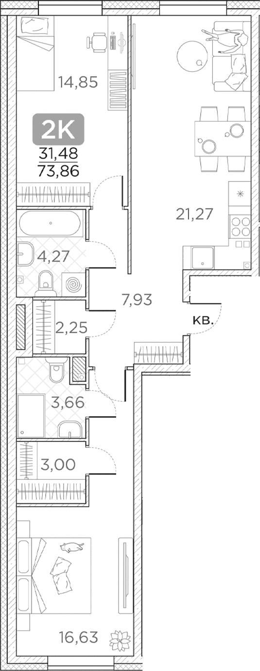 Планировка: Евротрёшка 73,9 м² в ЖК «Гильдия»