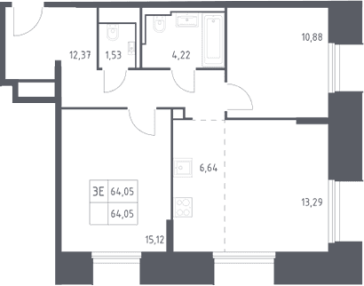 Планировка: Евротрёшка 64,1 м² в ЖК «Скай Спутник»