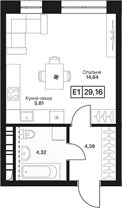 Планировка: Студия 29,2 м² в ЖК «Пушкино Град»