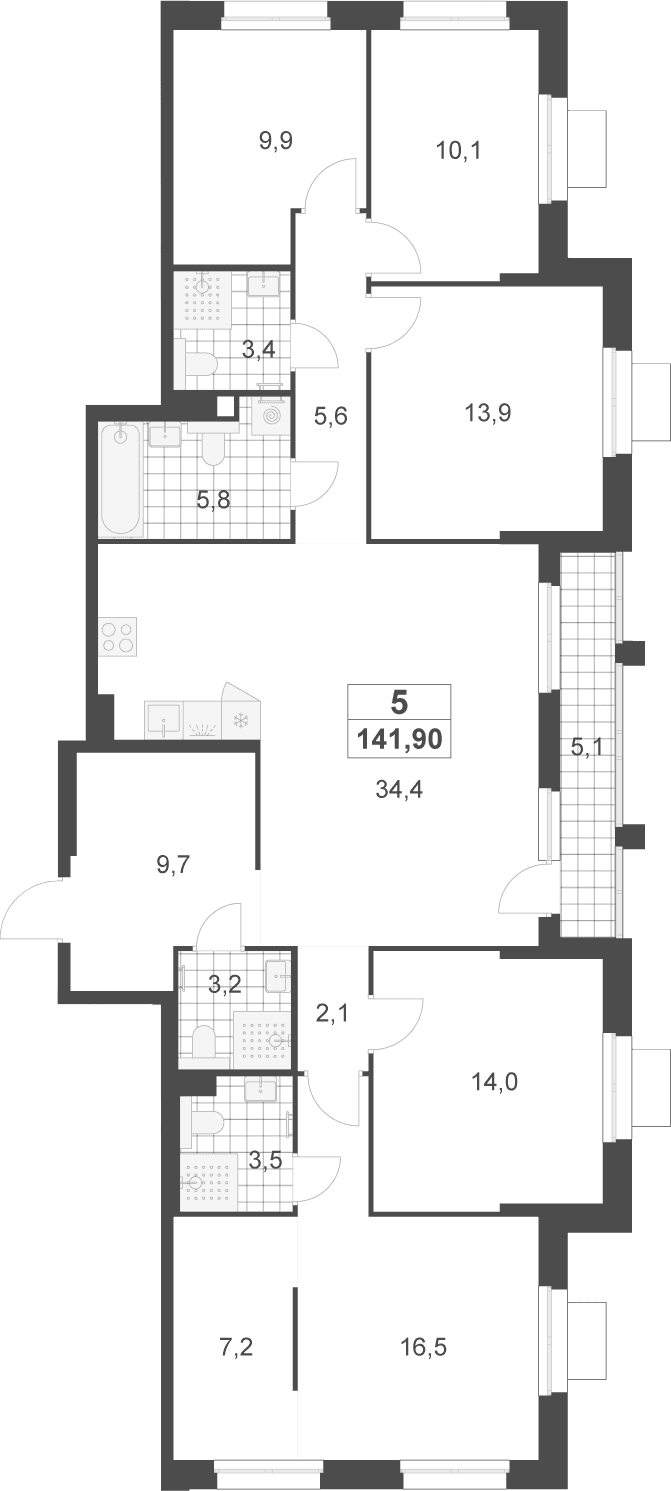Планировка: 5-комнатная квартира 139,3 м² в ЖК «Деснаречье»