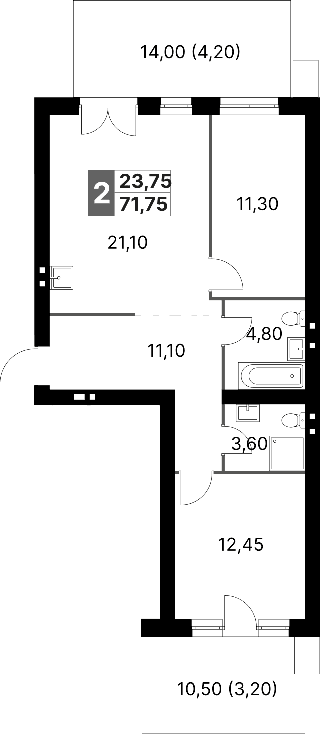 Планировка: Евротрёшка 64,4 м² в ЖК «Апрелевка Клаб»