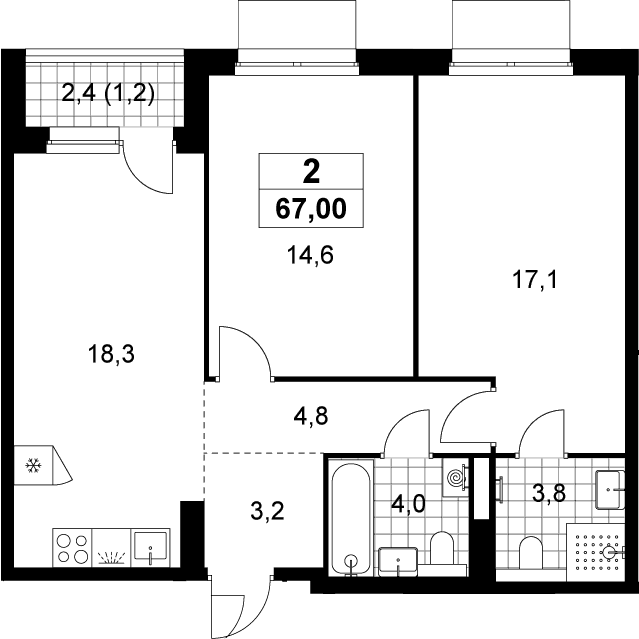 Планировка: Евротрёшка 65,8 м² в ЖК «Деснаречье»