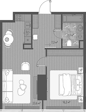 Планировка: Евродвушка 52,1 м² в ЖК «ОНЕ»