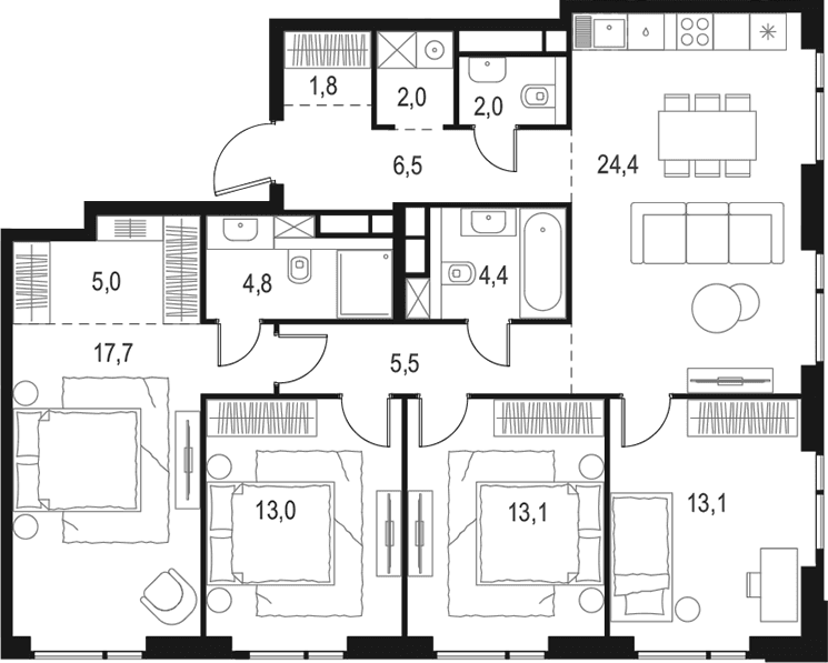 Планировка: Квартира евро-5 113,3 м² в ЖК «Левел Войковская»