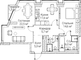 Планировка: 2-комнатная квартира 67,2 м² в ЖК «СЕЗАР БУДУЩЕЕ»