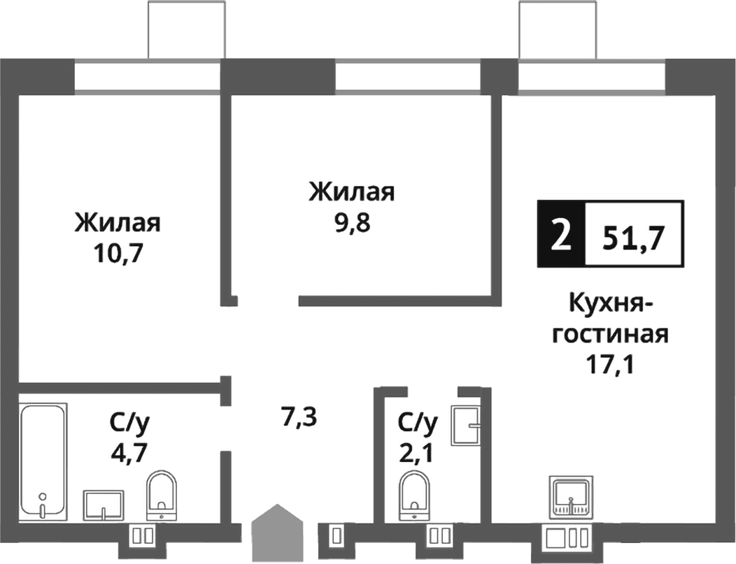 Планировка: Евротрёшка 51,7 м² в ЖК «Никольский квартал Отрада»