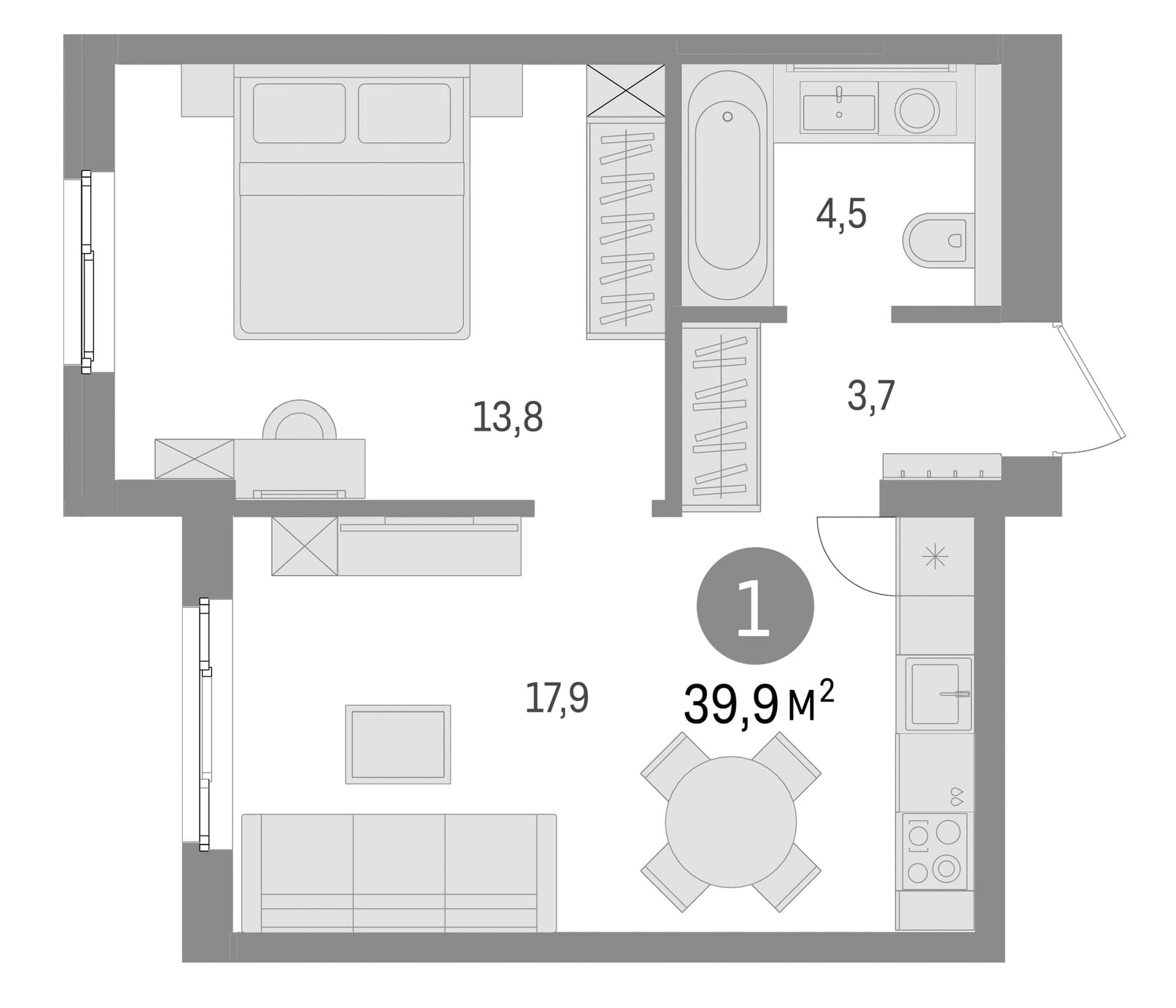 Планировка: Евродвушка 39,9 м² в ЖК «Брусника в Новоселье»
