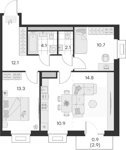 Планировка: Евротрёшка 68 м² в ЖК «Михалевич»