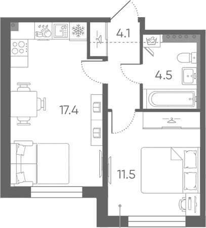 Планировка: Евродвушка 37,5 м² в ЖК «Пулково Лейк»