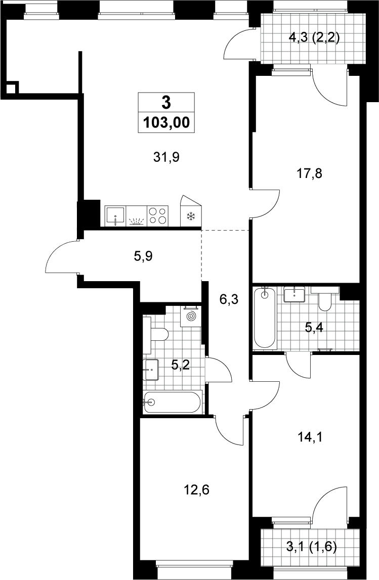 Планировка: Квартира евро-4 99,2 м² в ЖК «Хольм»