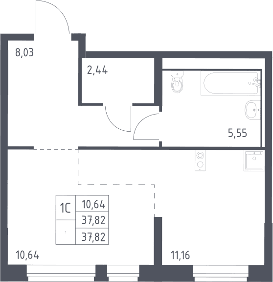 Планировка: Студия 37,8 м² в ЖК «Молжаниново»