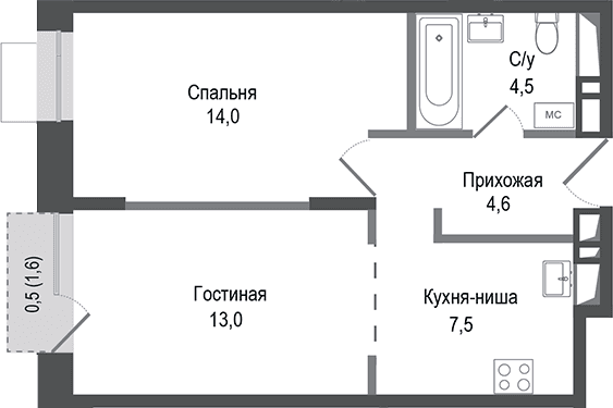 Планировка: Евродвушка 43,6 м² в ЖК «Киноквартал»