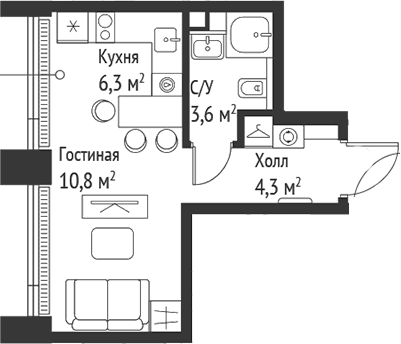 Планировка: Студия 24,9 м² в ЖК «СЕТ»