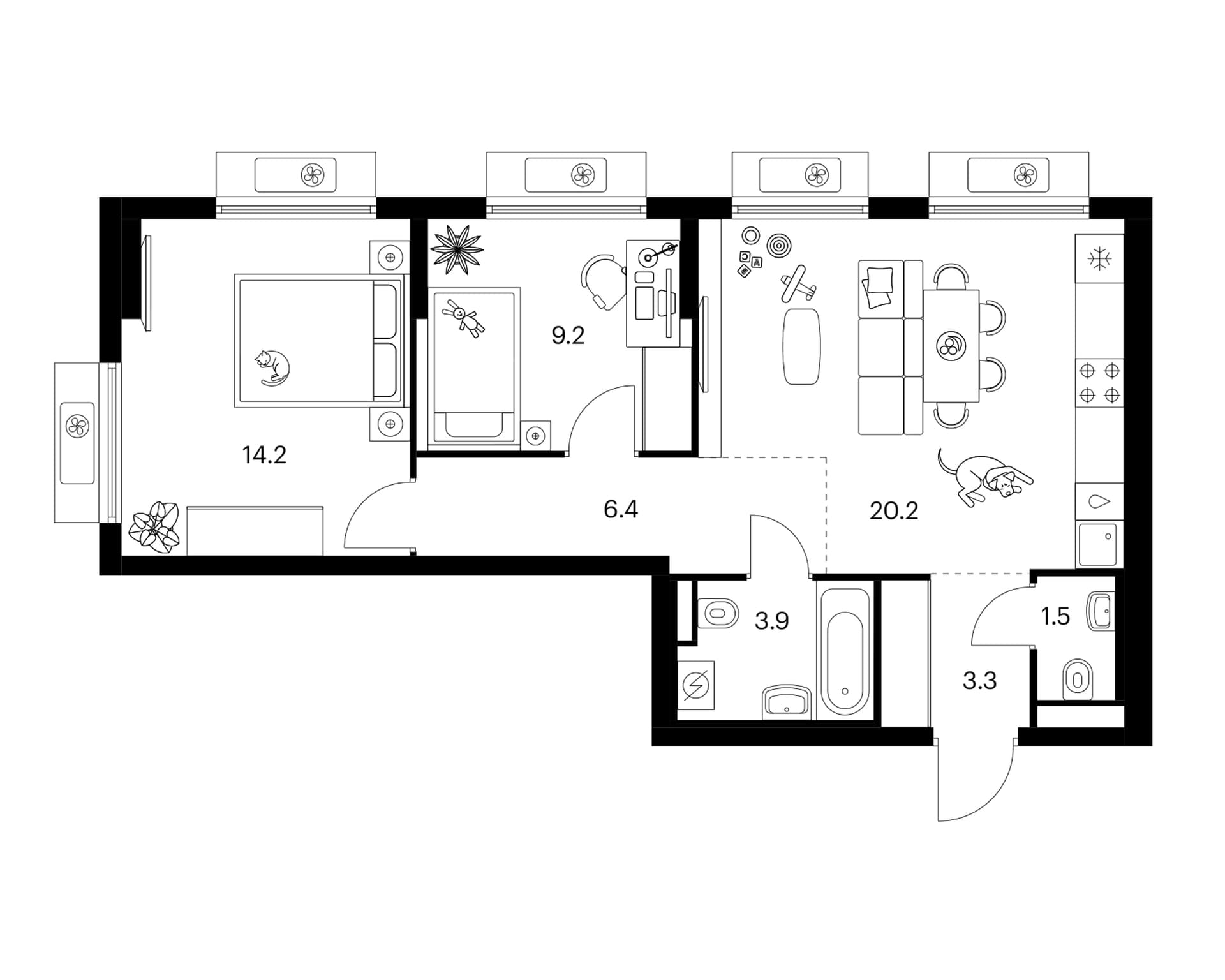 Планировка: 2-комнатная квартира 58,7 м² в ЖК «Белая Дача парк»