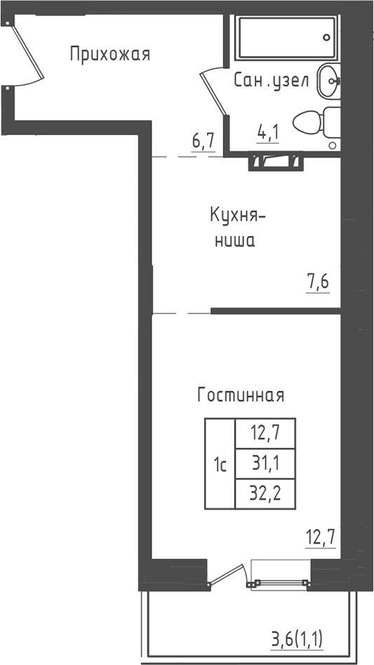 Планировка: Студия 31,1 м² в ЖК «Зеленый город»