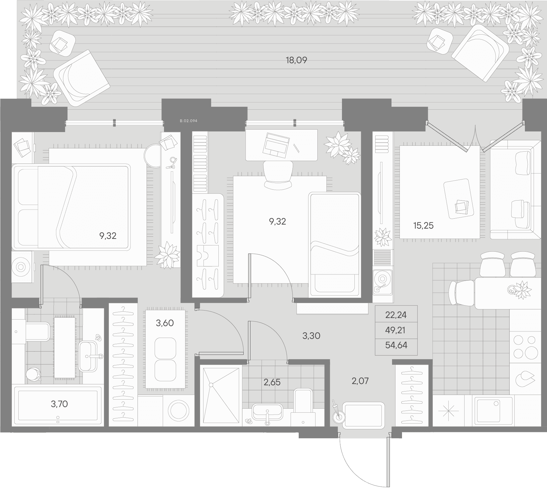 Планировка: Евротрёшка 49,2 м² в ЖК «Альпен»