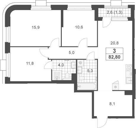 Планировка: Квартира евро-4 81,5 м² в ЖК «Южные сады»
