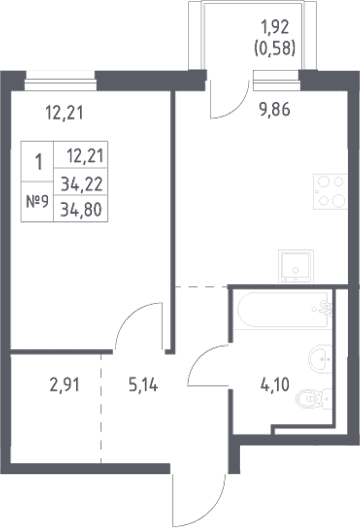 Планировка: 1-комнатная квартира 34,2 м² в ЖК «Невская Долина»