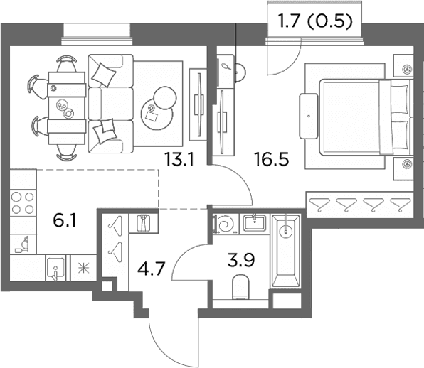 Планировка: Евродвушка 44,3 м² в ЖК «Станиславский»