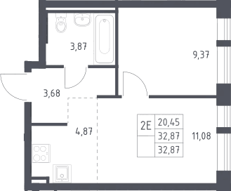 Планировка: Евродвушка 32,9 м² в ЖК «Квартал Авиаторов»
