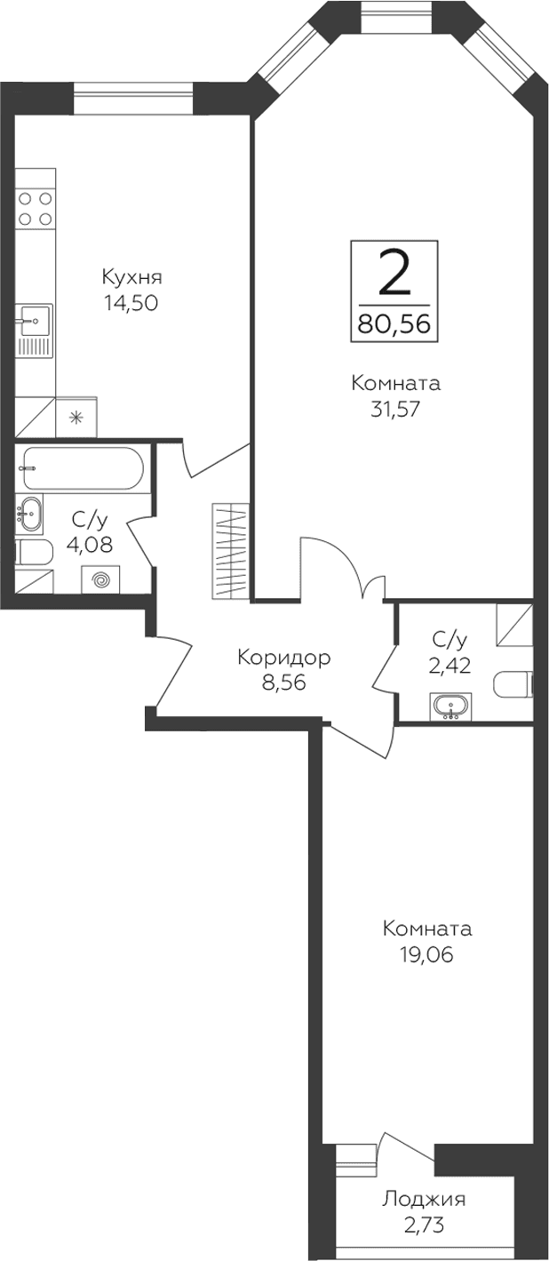 Планировка: 2-комнатная квартира 80,2 м² в ЖК «Пахра Сити»