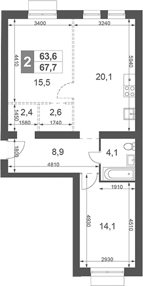 Планировка: 2-комнатная квартира 67,7 м² в ЖК «Дубровицы Клаб»