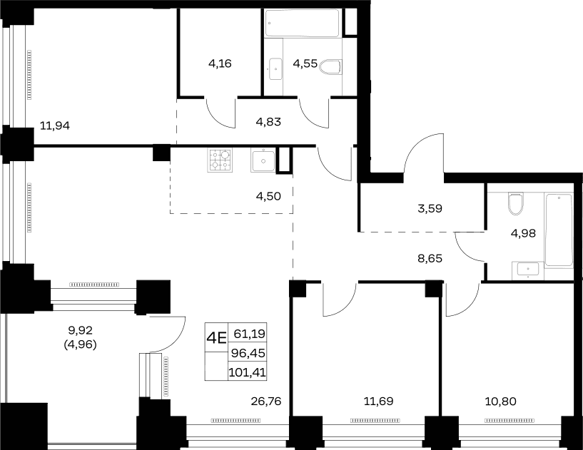 Планировка: Квартира евро-4 96,5 м² в ЖК «НОВА»