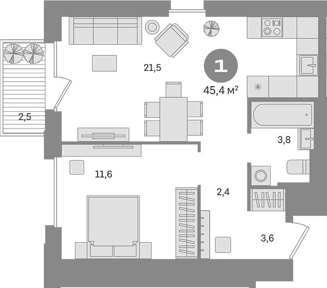 Планировка: 1-комнатная квартира 42,9 м² в ЖК «Квартал Герцена»