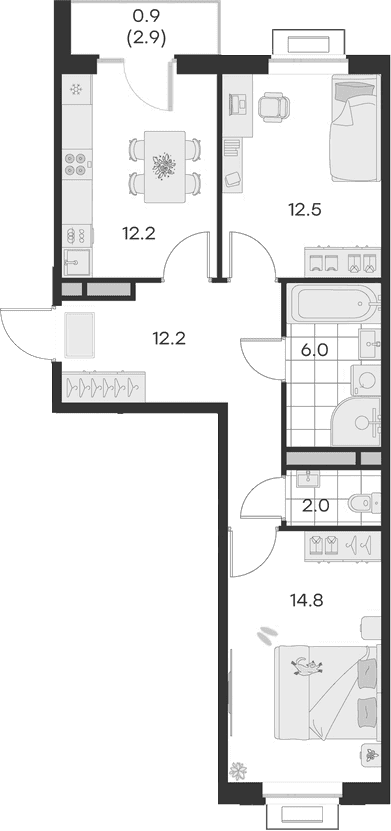 Планировка: 2-комнатная квартира 59,7 м² в ЖК «Михалевич»