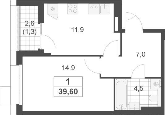 Планировка: 1-комнатная квартира 38,3 м² в ЖК «Скандинавия»