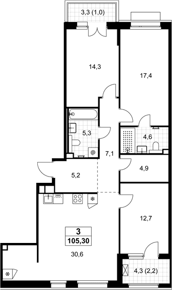 Планировка: Квартира евро-4 102,1 м² в ЖК «Хольм»