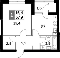 Планировка: 1-комнатная квартира 37,4 м² в ЖК «Скай Гарден»