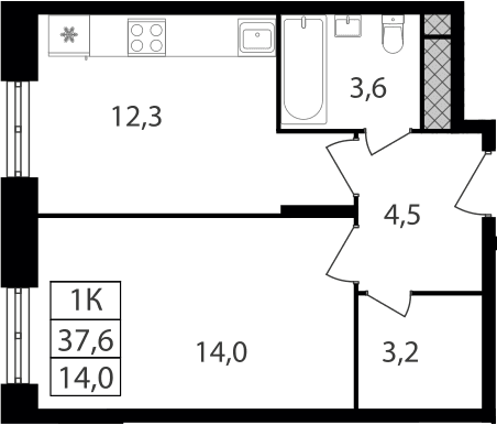 Планировка: 1-комнатная квартира 37,6 м² в ЖК «Варшавские ворота»
