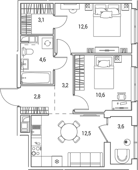 Планировка: 2-комнатная квартира 49,4 м² в ЖК «Янила Форест»