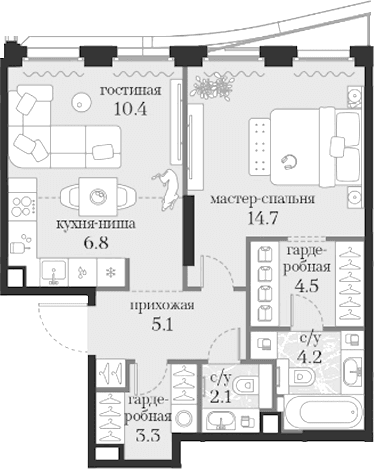 Планировка: 1-комнатная квартира 51,1 м² в ЖК «Муза»