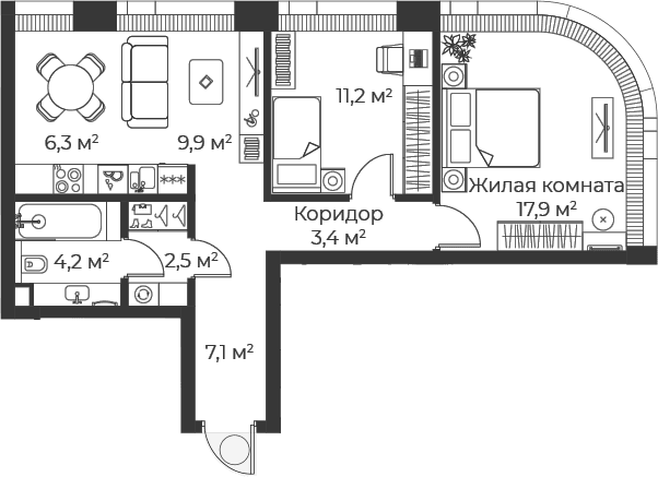 Планировка: Евротрёшка 62,5 м² в ЖК «Веер»