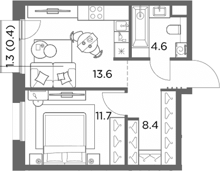 Планировка: 1-комнатная квартира 38,3 м² в ЖК «Станиславский»