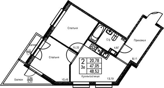 Планировка: Евротрёшка 47,1 м² в ЖК «ID Kudrovo II»