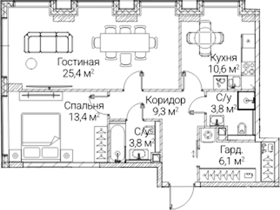 Планировка: 2-комнатная квартира 72,4 м² в ЖК «СЕЗАР БУДУЩЕЕ»