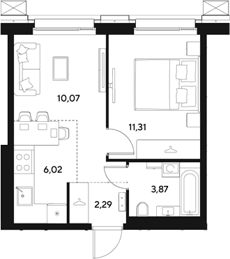 Планировка: Евродвушка 33,6 м² в ЖК «ЭВО»