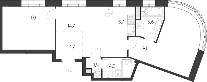 Планировка: Евротрёшка 72,8 м² в ЖК «Родина Переделкино»