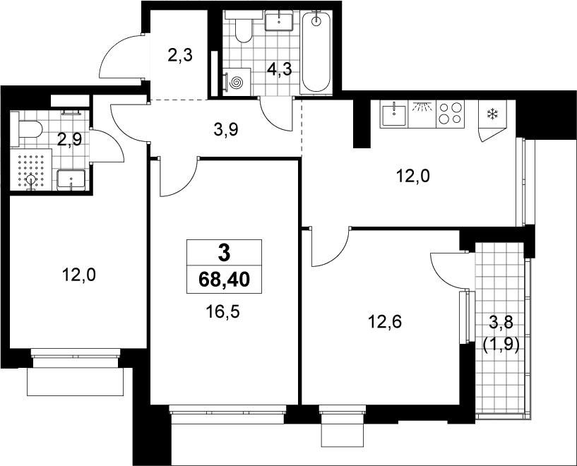 Планировка: 3-комнатная квартира 66,5 м² в ЖК «Деснаречье»