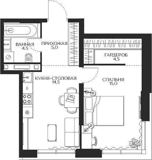 Планировка: 1-комнатная квартира 43,7 м² в ЖК «Кутузов Сити»