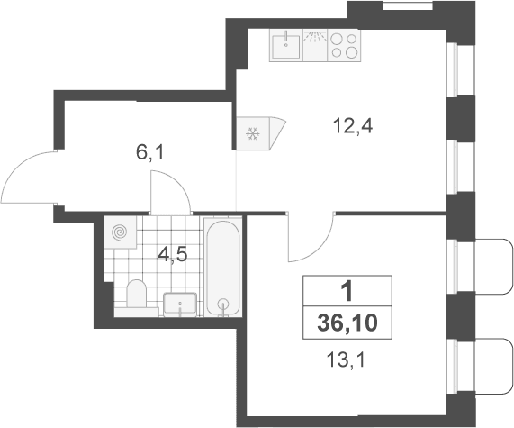 Планировка: 1-комнатная квартира 36,1 м² в ЖК «Деснаречье»
