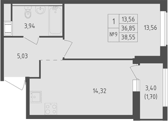 Планировка: 1-комнатная квартира 36,9 м² в ЖК «Южная Нева»