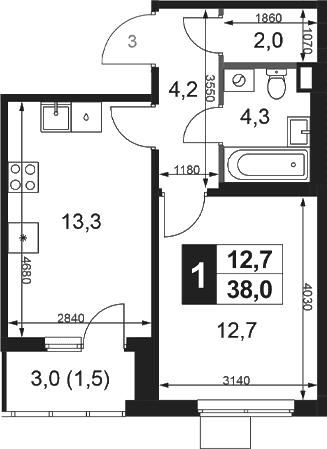 Планировка: 1-комнатная квартира 36,5 м² в ЖК «1-й Ясеневский»