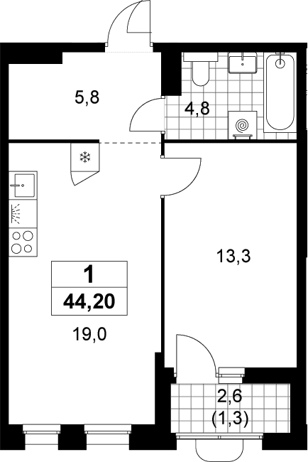 Планировка: Евродвушка 42,9 м² в ЖК «Прокшино»