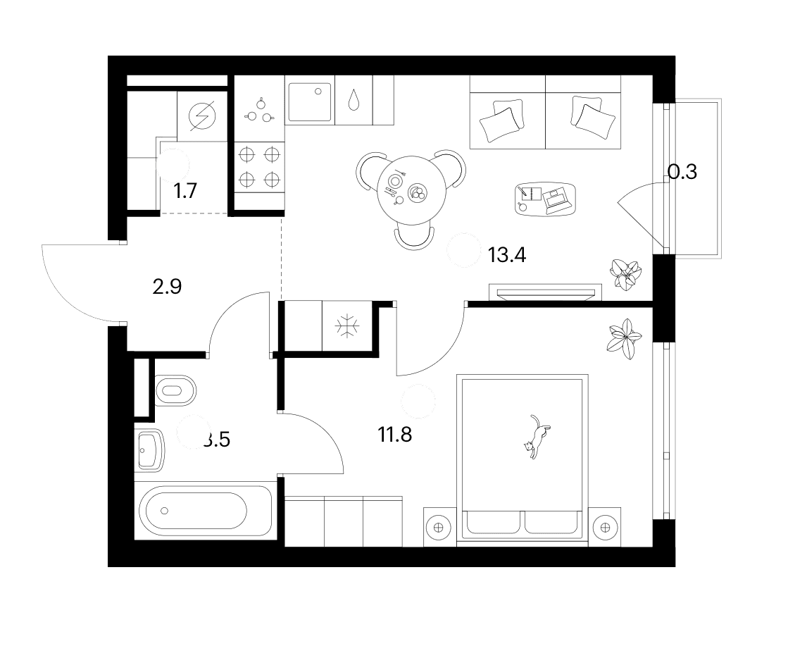 Планировка: 1-комнатная квартира 33,3 м² в ЖК «Зеленый парк»