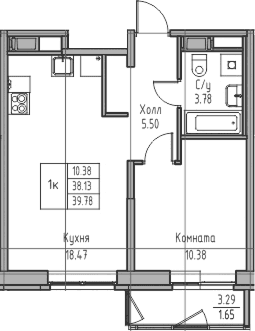 Планировка: Евродвушка 38,1 м² в ЖК «Юнтолово»