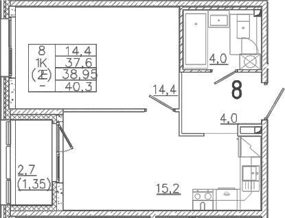 Планировка: Евродвушка 37,6 м² в ЖК «Лисино»